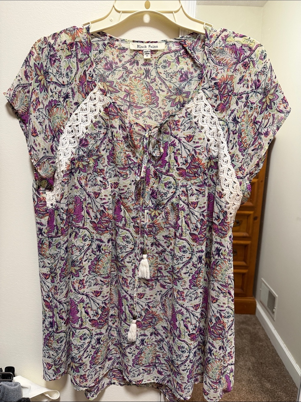 Black Rainn Cream Tunic with Purple Floral Print and Crochet Trim